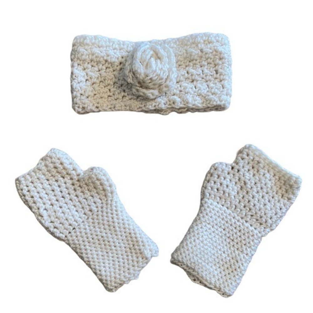 Handmade knitted head band and mittens, white